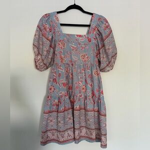 Square Neck Puff Sleeve Midi Dress in Light Blue with Pink Floral